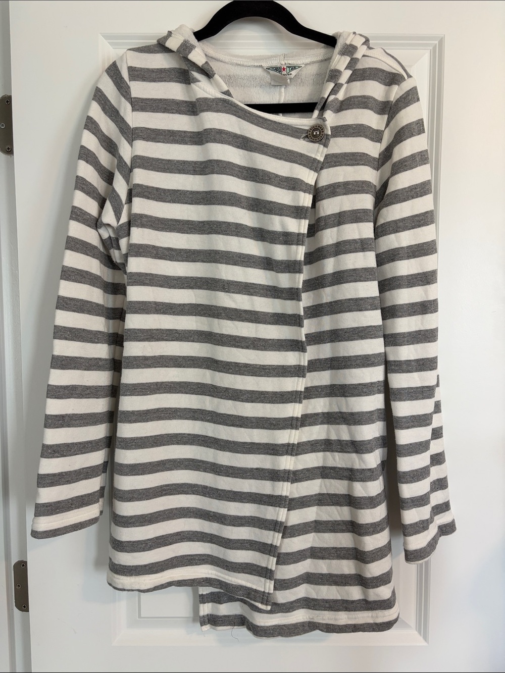 Hard Tail Gray and White Striped Asymmetric Hooded Shacket